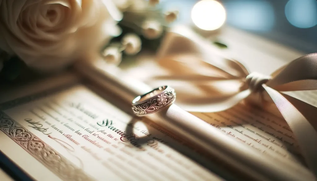 Photo of a close-up of an intricate wedding ring resting atop a blurred marriage certificate with soft lighting.
