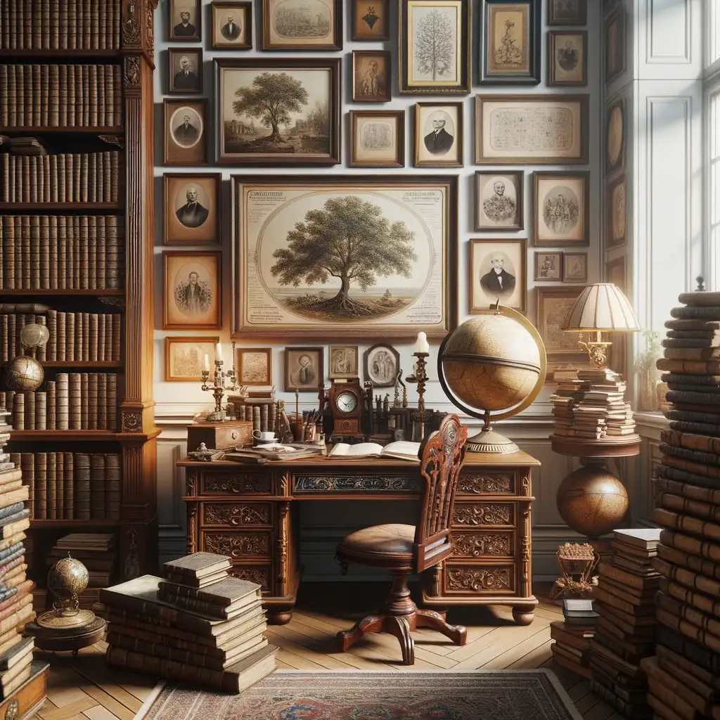An evocative scene from a genealogist's study room transports you back in time. The room, adorned with antique furniture, has stacks of timeworn books, beautifully framed family trees, and a meticulously crafted globe that stands as a testament to the explorer's spirit in genealogy.