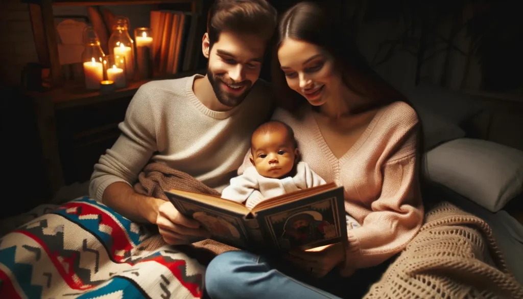 Photo of a mother and father, representing diverse ethnic backgrounds, reading stories of their ancestors to their baby. The setting is cozy with dim lighting and soft blankets, highlighting the importance of passing down family history.