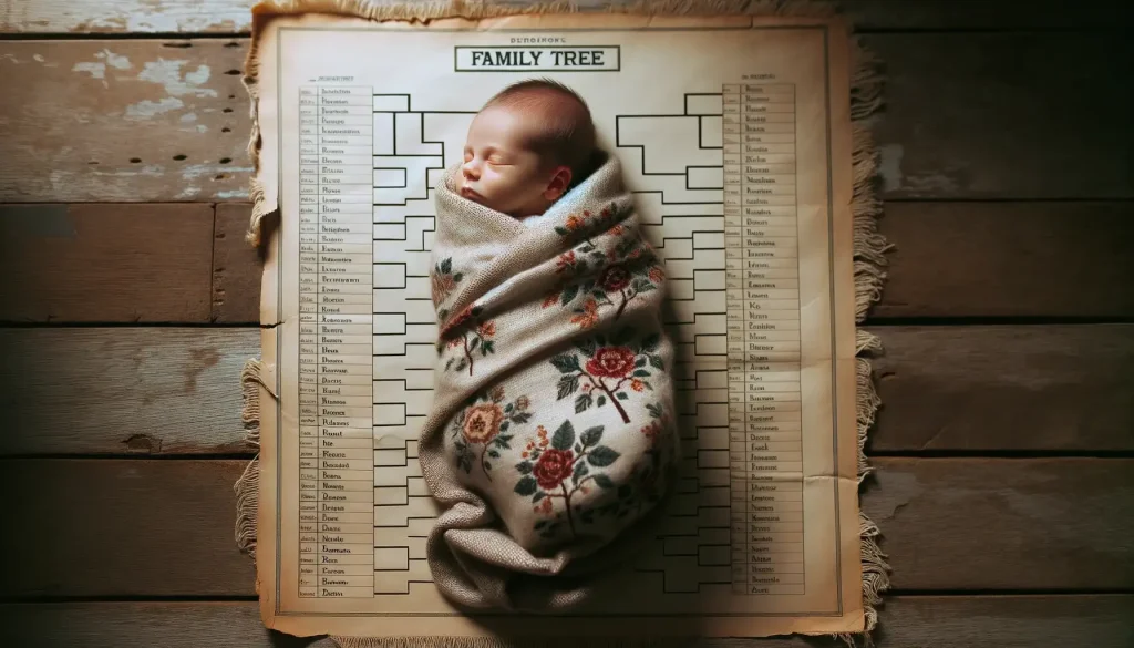 Photo of a newborn baby wrapped in a vintage blanket, lying next to an old family tree chart. The scene is softly lit, highlighting the connection between the past and the future through family naming traditions.