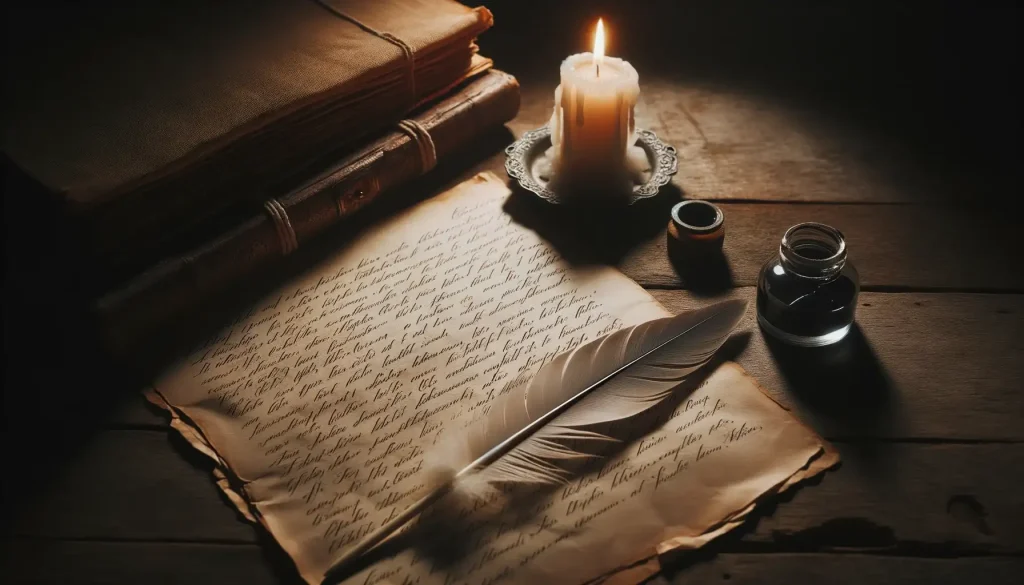 Photo of an aged, handwritten document on a wooden table, with an old quill pen and inkwell beside it. Dim lighting from a candle illuminates the paper, and shadows cast an atmosphere of history and memory.