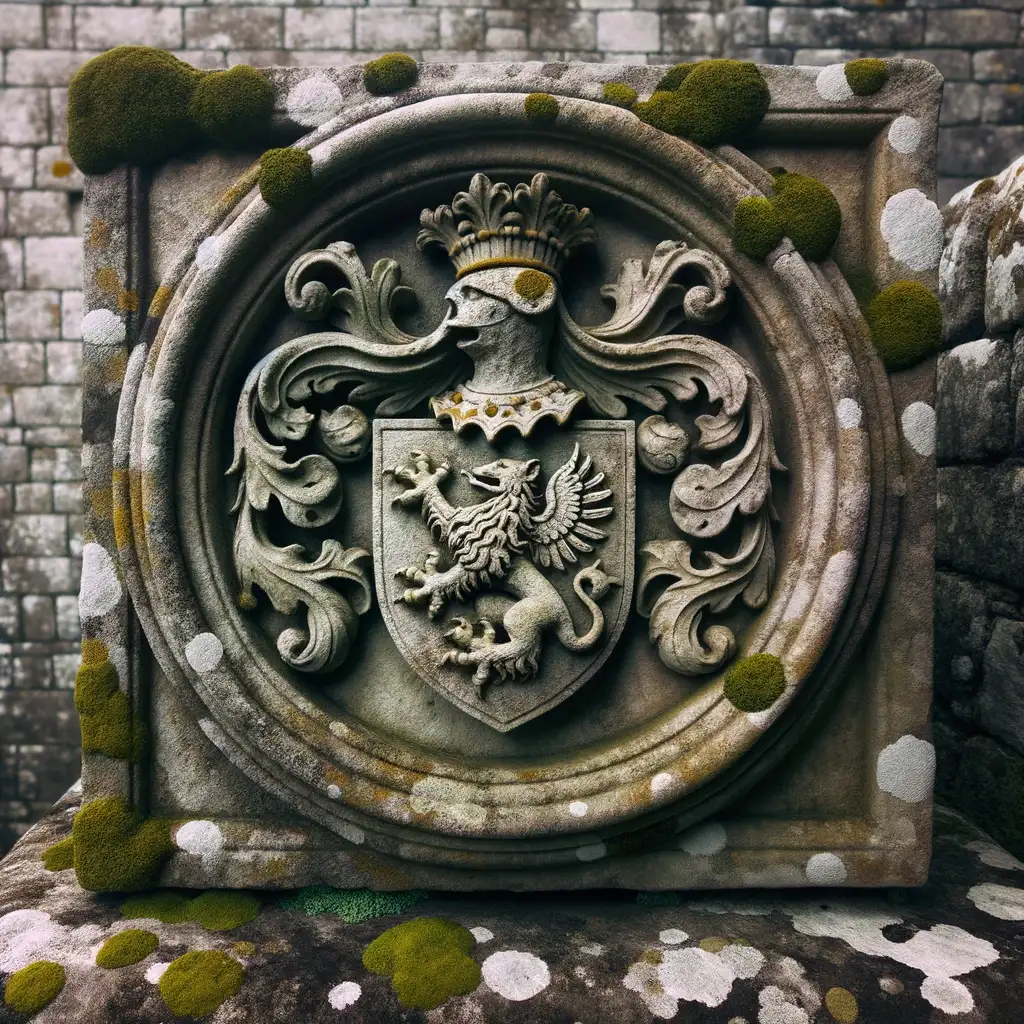 Ancient family crest carved in stone, aged and adorned with moss and lichen, set against the rustic backdrop of an old castle wall.