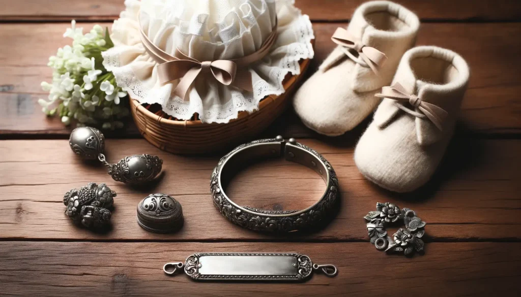 Photo of antique baby items, such as booties, a bonnet, and a silver nameplate bracelet, placed on a wooden background. The scene represents family naming patterns and the significance of inheriting names.