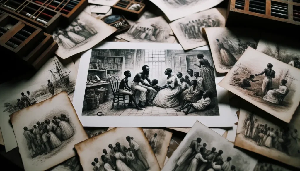 Photo of an artist's workspace, scattered with sketches depicting scenes from the lives of enslaved individuals. Amidst the sketches, a detailed illustration stands out, capturing a poignant moment of family bonding amidst hardship.