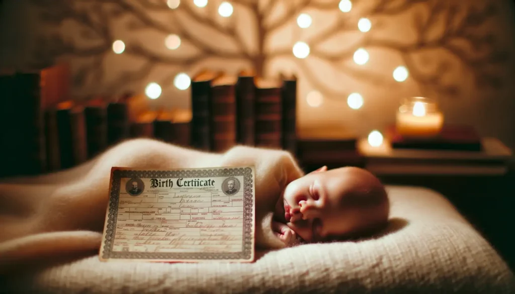 Photo of a baby sleeping soundly on a soft blanket with an old, accurately spelled birth certificate tucked beside them. The ambiance is warm, with gentle lighting casting a glow on the baby and the certificate. In the distance, there's a hint of a family tree chart.