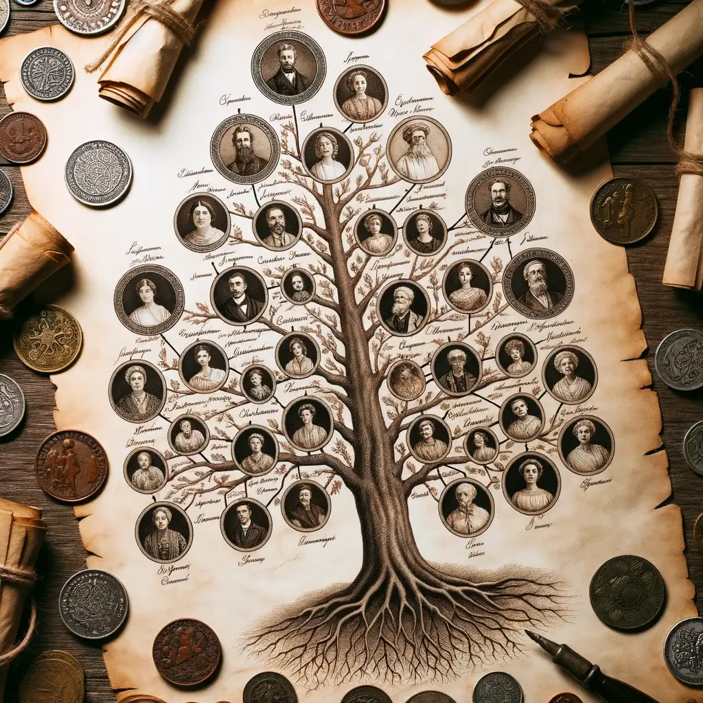 Intricately drawn genealogical tree on parchment paper, depicting multiple family generations, surrounded by historical coins and artifacts.