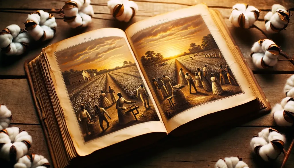 Photo of an old, bound book opened to a page revealing a detailed illustration of enslaved individuals working in a cotton field. The golden hue of sunset bathes the scene, highlighting the harsh reality of the past.