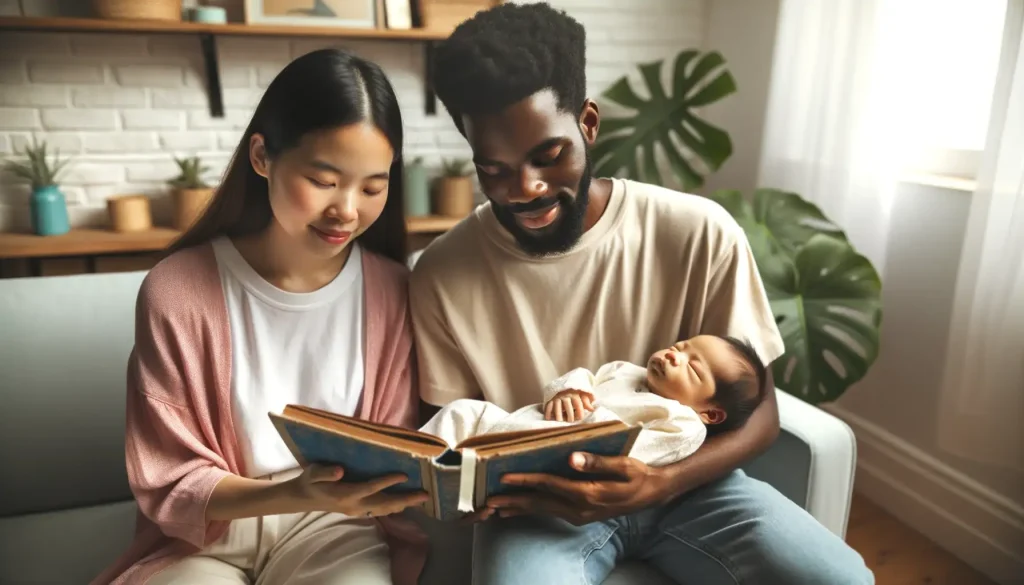 Photo of diverse parents holding a sleeping baby in a serene nursery room. They are gently flipping through an old name book, discussing potential names passed down through generations.