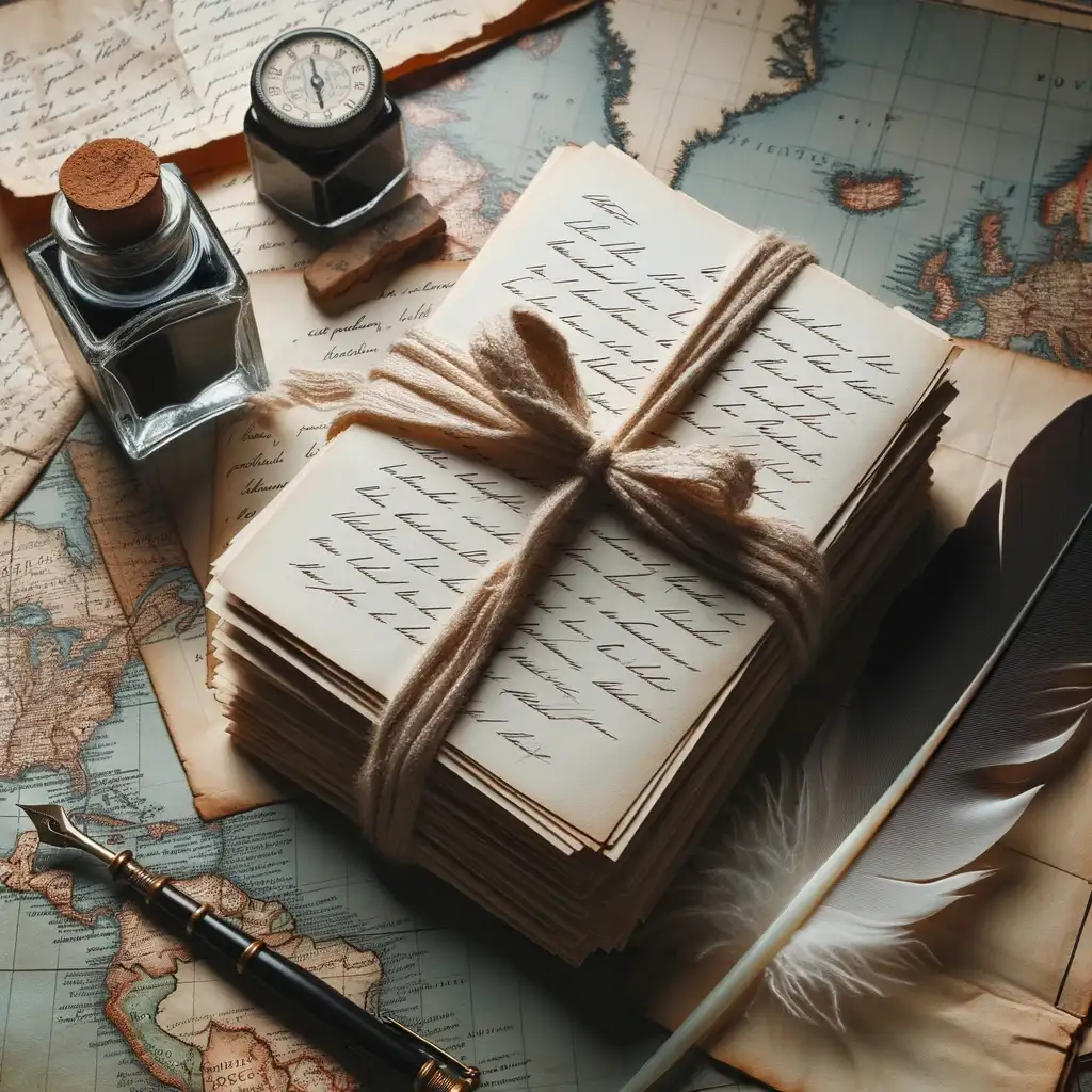 Stack of aged handwritten letters tied with a ribbon, resting atop an old world map, accompanied by a quill pen and ink bottle.
