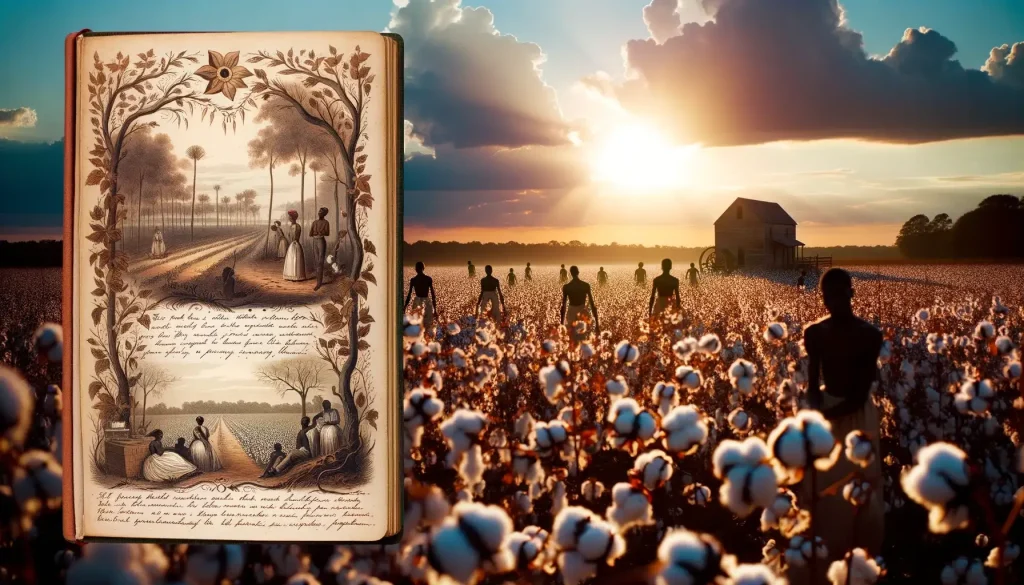 Photo of a sunlit cotton field with silhouettes of enslaved individuals working in the distance. In the foreground, a beautifully illustrated journal page reveals a narrative from one of the individuals, their hopes and dreams captured in words and sketches.
