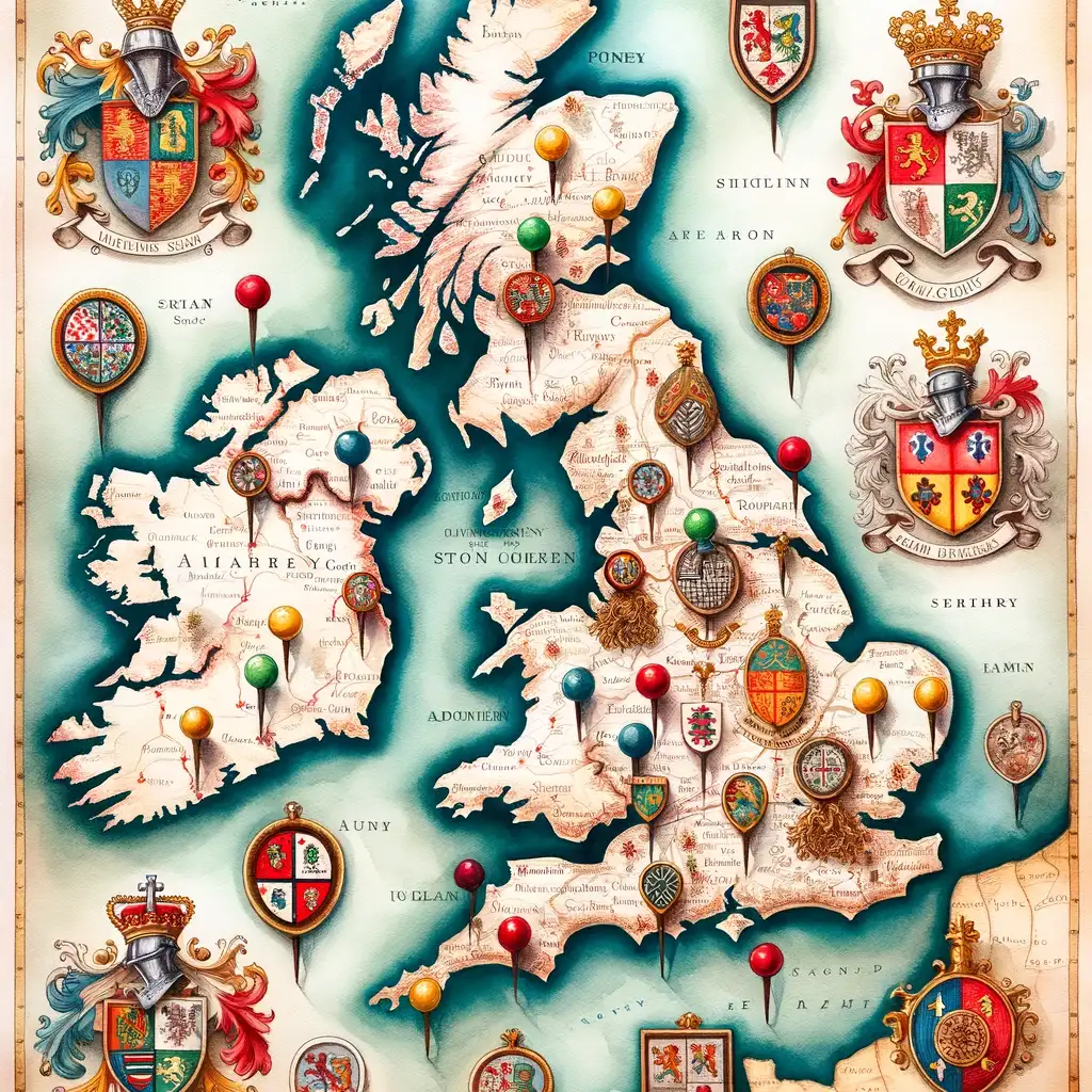 A beautiful watercolor rendition of a vintage map, intricately adorned with family crests and heraldic symbols from various regions. Notable locations significant to one-name studies are marked with pins.