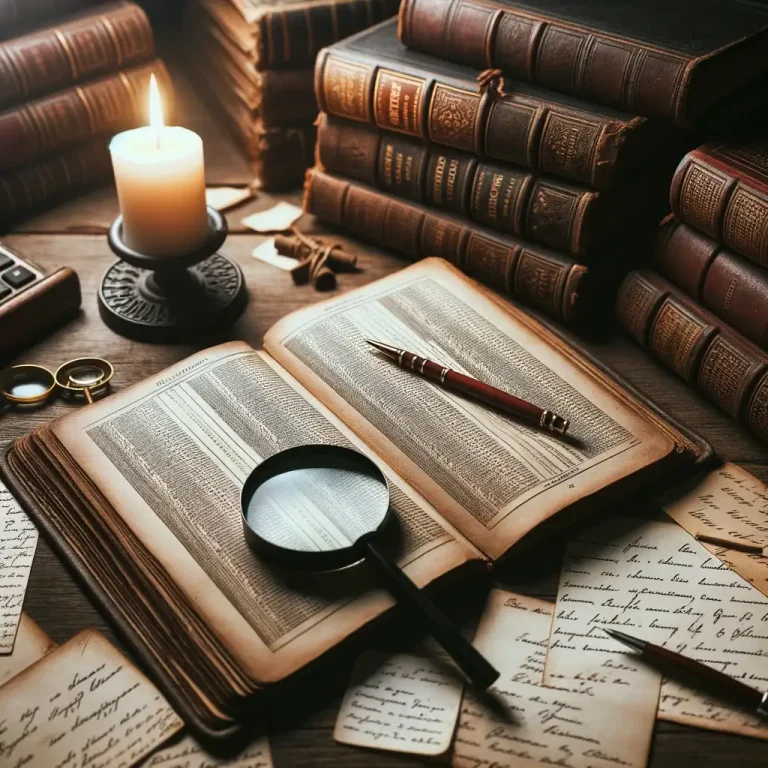 Guild of one-name studies - An intimate setting at an old wooden library table showcasing an open genealogical reference book, accompanied by handwritten notes and a magnifying glass. The ambient glow from a nearby burning candle sets the mood for historical research.