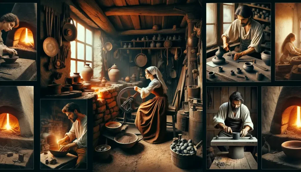 A visual array of heritage crafts practiced by individuals, including blacksmithing, pottery, and carpentry, each deeply engaged in their skilled work.