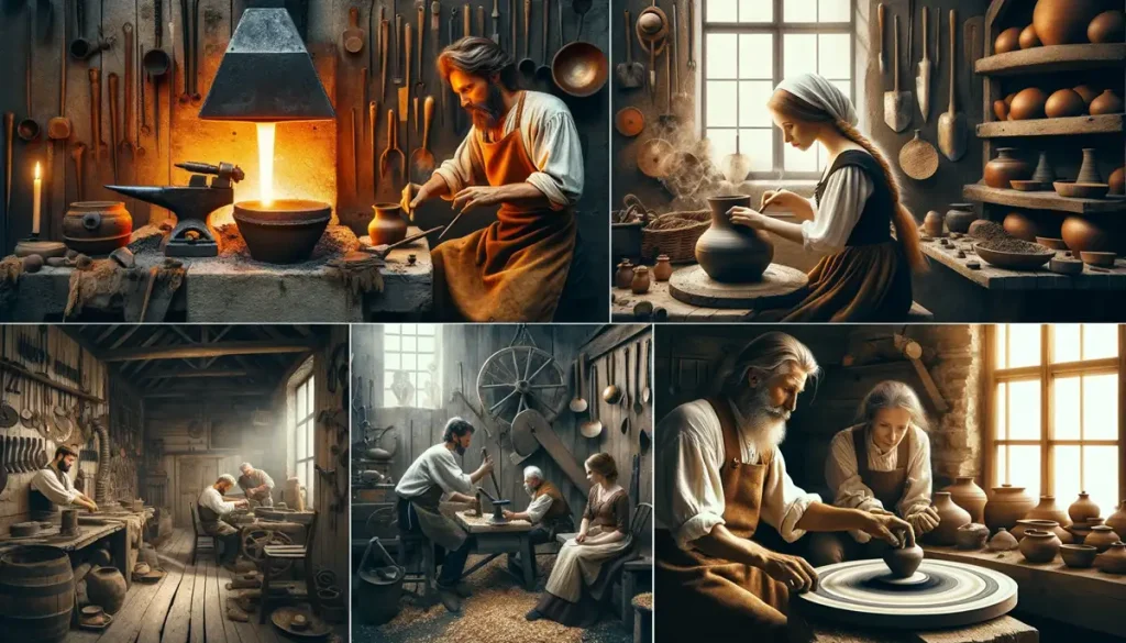 A collage featuring traditional occupations within families, showing a blacksmith, a female potter, and a male carpenter in their respective workshops.