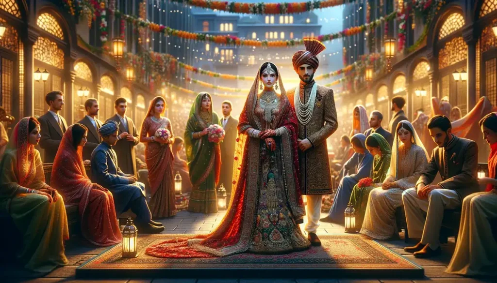 An early 20th-century traditional South Asian wedding in an urban setting. The bride in a red and gold sari and the groom in a sherwani are on a decorated stage. Guests of diverse ethnicities in traditional attire are in the background. The setting is vibrant with floral decorations and evening lights.