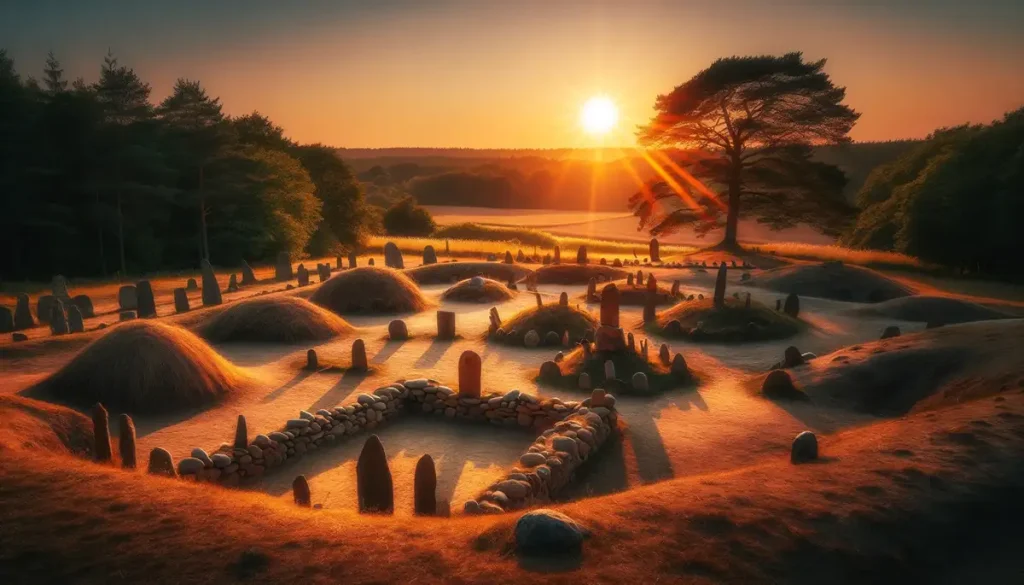 A serene ancient burial site at sunset. The scene showcases diverse burial methods: earthen mounds, stone cairns, and graves with wooden markers. The setting sun bathes the landscape in a golden light, emphasizing the textures and details of the burial structures. In the background, a lush forest under a clear sky adds to the peaceful, ancient ambiance of the site, reflecting the reverence of ancient burial practices.