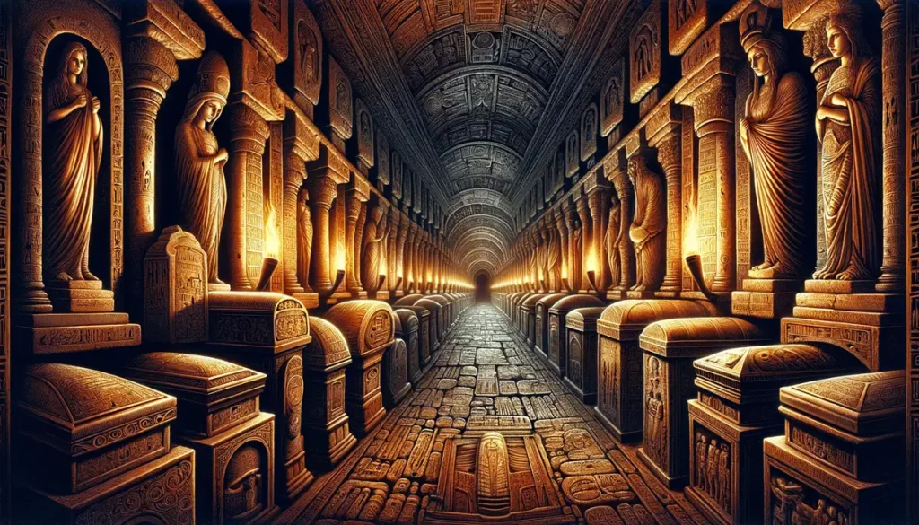 This image depicts an ancient underground catacomb, bathed in the warm, flickering light of torches. The catacombs are adorned with ornately decorated sarcophagi and burial niches along the walls. Intricate carvings and hieroglyphs tell stories of the deceased, adding a narrative depth to the scene. The torchlight casts mysterious shadows, enhancing the reverent and enigmatic atmosphere. The composition leads the viewer's eye deeper into the catacomb, creating a sense of exploration and discovery.